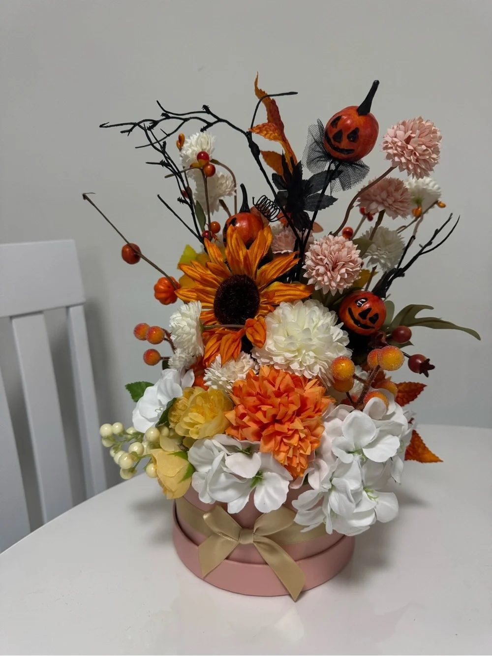 Autumn Pumpkin & Sunflower Arrangement - Orange, White, Cream